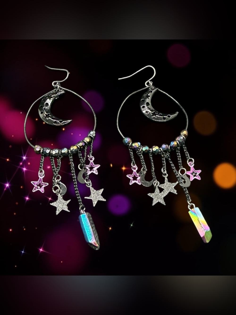 🏷️‼️5/$25💜🖤Celestial Moon & Star Dangle Earrings with Iridescent Crystal/NWOT💜🖤